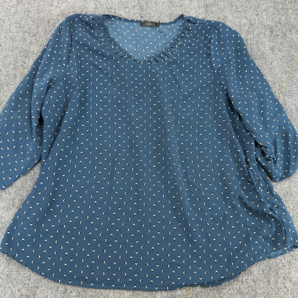 CURE. Geometric Print V-Neck Roll-Tab Sleeve Blouse Blue Size 3XL